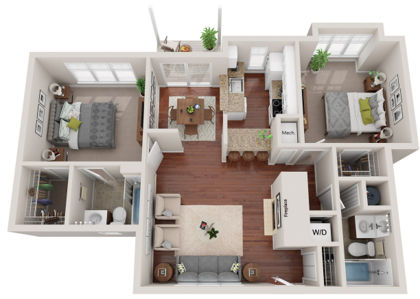 B1 Two Bedroom / Two Bath. Elizabeth Flats at Laurel. Charlotte, NC.